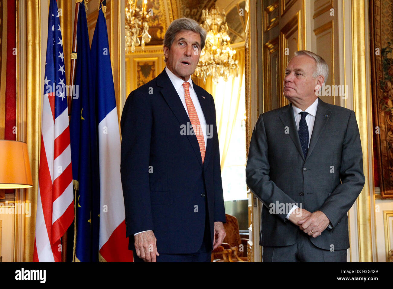 U.S. Secretary of State John Kerry meets with French Foreign Minister Jean-Marc Ayrault at the French Ministry of Foreign Affairs in Paris, France on July 30, 2016. Stock Photo