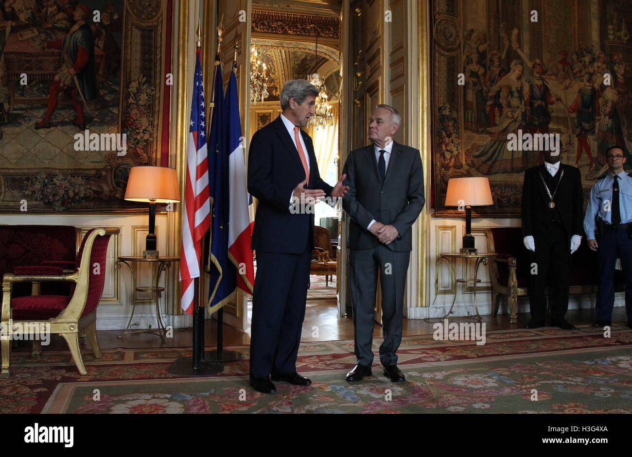 U.S. Secretary of State John Kerry meets with French Foreign Minister Jean-Marc Ayrault at the French Ministry of Foreign Affairs in Paris, France on July 30, 2016. Stock Photo