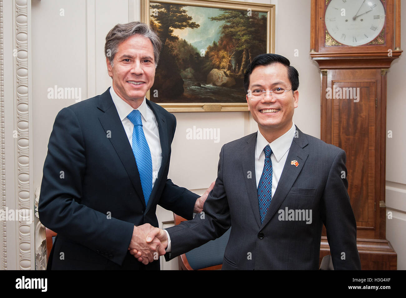 U.S. Deputy Secretary of State Antony &quot;Tony&quot; Blinken shakes hands with Vietnam Vice Foreign Minister Ha Kim Ngoc after a meeting at the U.S. Department of State in Washington, D.C. on August 1, 2016. Stock Photo