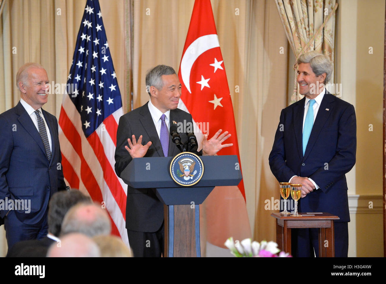 His Excellency Lee Hsien Loong, Prime Minister of the Republic of Singapore delivers remarks at a State luncheon in his honor at the U.S. Department of State in Washington, D.C. on August 2, 2016. Stock Photo