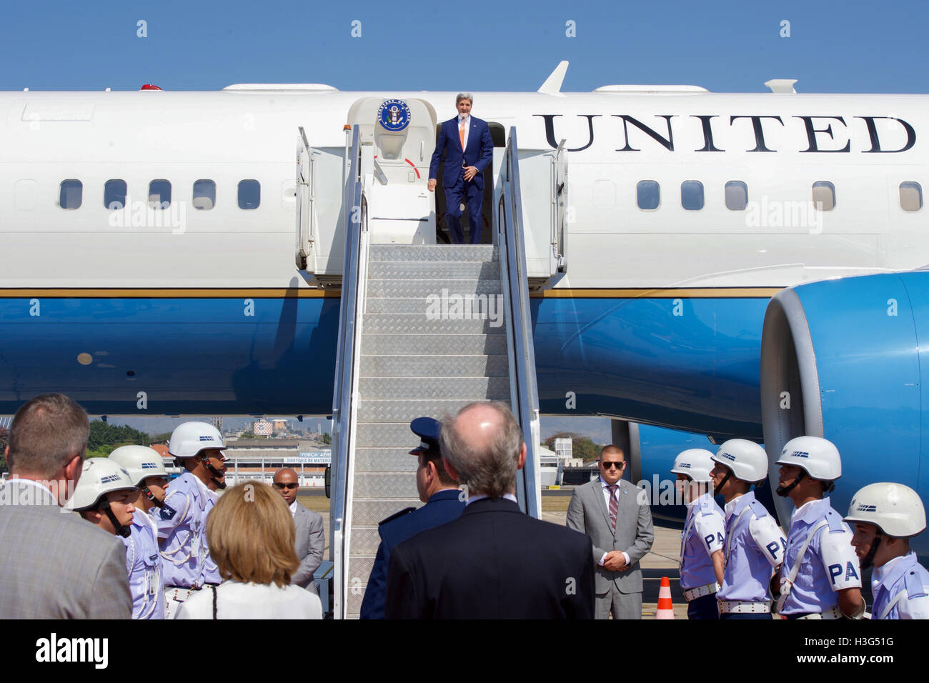 U.S. Secretary of State John Kerry steps off his airplane on August 5, 2016, after arriving at Rio de Janeiro–Galeão International Airport in Rio de Janiero, Brazil, to lead the U.S. Presidential Delegation to the 2016 Olympic Games. Stock Photo