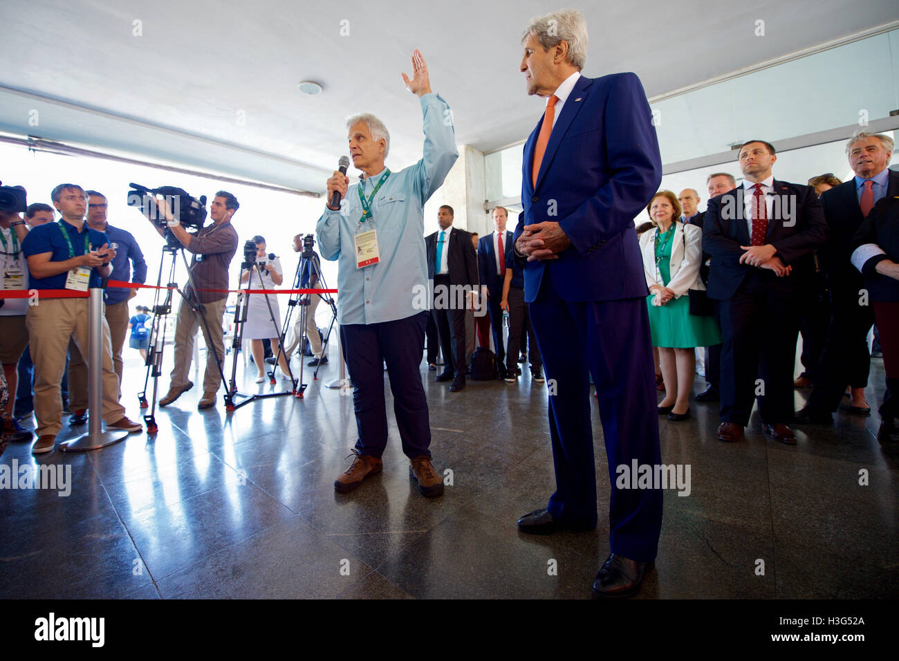 Olympic gold medalist Mark Spitz addresses members of Team USA as he and his fellow U.S. Presidential Delegation members - including U.S. Secretary of State John Kerry - visit the Brazilian Naval Academy in Rio de Janiero, Brazil, on August 5, 2016, to meet U.S. athletes training at the facility. Stock Photo
