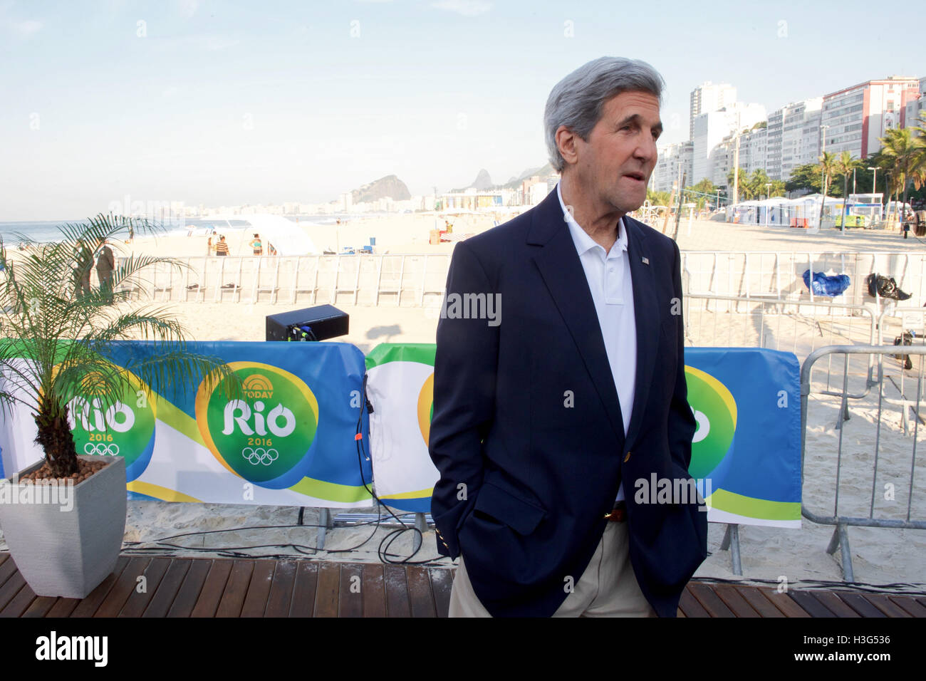 U.S. Secretary of State John Kerry stands along the Copacobana beach in Rio de Janeiro, Brazil, on August 6, 2016, before conducting an interview with the NBC News &quot;Today&quot; program about the 2016 Summer Olympic Games. Stock Photo