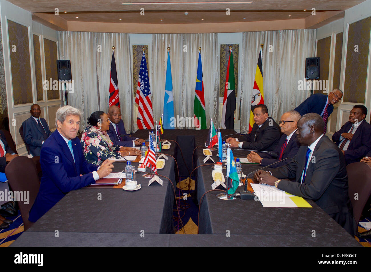 U.S. Secretary of State John Kerry sits with his fellow Foreign Ministers on August 22, 2016, at the Villa Rosa Kempinski Hotel in Nairobi, Kenya, before a meeting focused on Somalia between Eastern Africa Ministers from Kenya, Ethiopia, Somalia, South Sudan, Sudan, and Uganda. Stock Photo