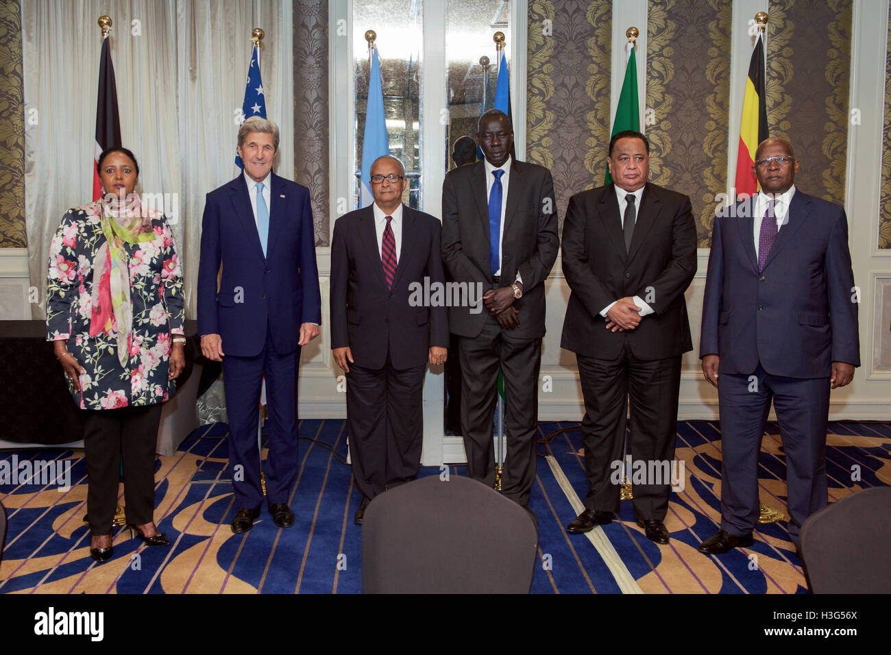 U.S. Secretary of State John Kerry poses with his fellow Foreign Ministers - Kenyan Foreign Secretary Amina Mohamed, Somalia Foreign Minister Abdisalam Omer, South Sudan Foreign Minister Deng Alor Kuol, Sudan Foreign Minister Ibrahim Ghandour, and Uganda Foreign Minister Sam Kahamba Kutesa - after a meeting and working lunch and focused on Somalia and South Sudan on August 22, 2016, at the Villa Rosa Kempinski Hotel in Nairobi, Kenya, Stock Photo