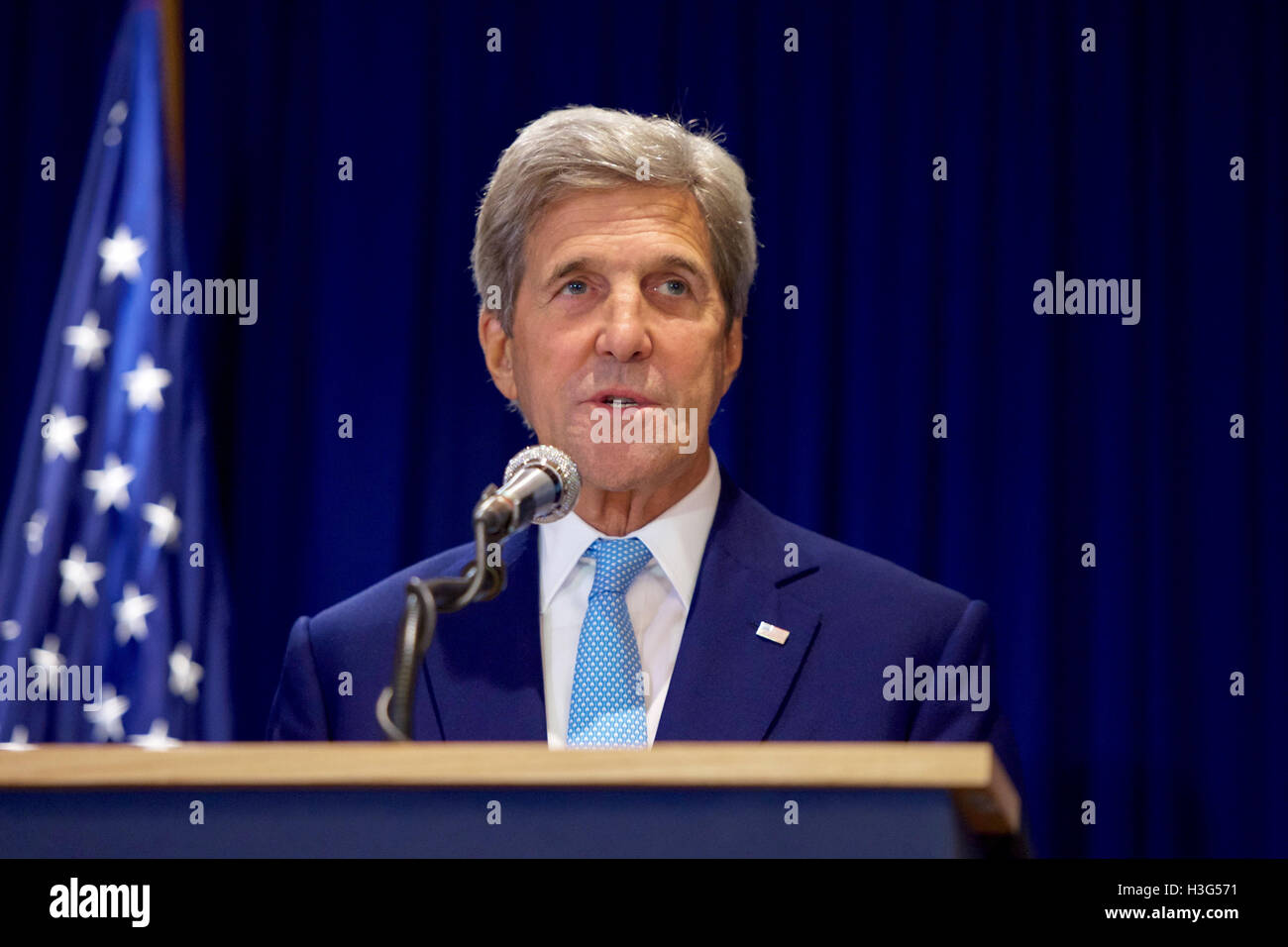 U.S. Secretary of State John Kerry addresses reporters during a joint news conference with Kenyan Foreign Secretary Amina Mohamed following a series of meetings on August 22, 2016, at the Villa Rosa Kempinski Hotel in Nairobi, Kenya. Stock Photo