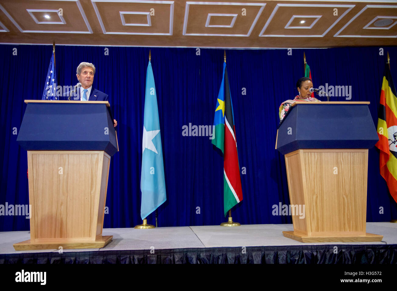 U.S. Secretary of State John Kerry addresses reporters during a joint news conference with Kenyan Foreign Secretary Amina Mohamed following a series of meetings on August 22, 2016, at the Villa Rosa Kempinski Hotel in Nairobi, Kenya. Stock Photo