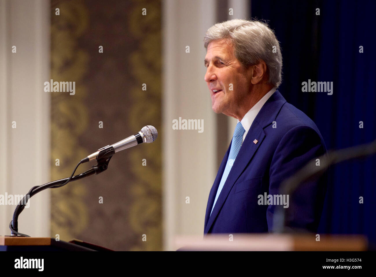 U.S. Secretary of State John Kerry addresses reporters during a joint news conference with Kenyan Foreign Secretary Amina Mohamed following a series of meetings on August 22, 2016, at the Villa Rosa Kempinski Hotel in Nairobi, Kenya. Stock Photo