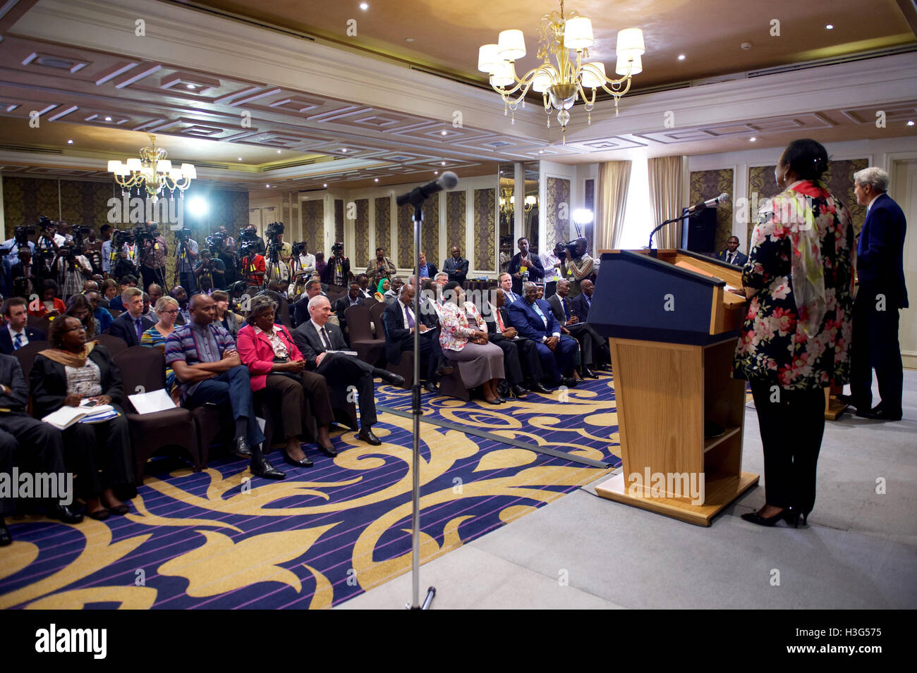 U.S. Secretary of State John Kerry addresses reporters during a joint news conference with Kenyan Foreign Secretary Amina Mohamed following a series of meetings on August 22, 2016, at the Villa Rosa Kempinski Hotel in Nairobi, Kenya. Stock Photo