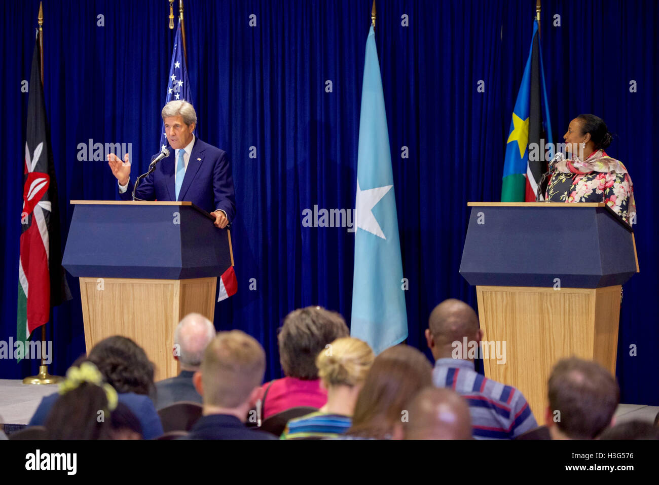 U.S. Secretary of State John Kerry addresses reporters during a joint news conference with Kenyan Foreign Secretary Amina Mohamed following a series of meetings on August 22, 2016, at the Villa Rosa Kempinski Hotel in Nairobi, Kenya. Stock Photo