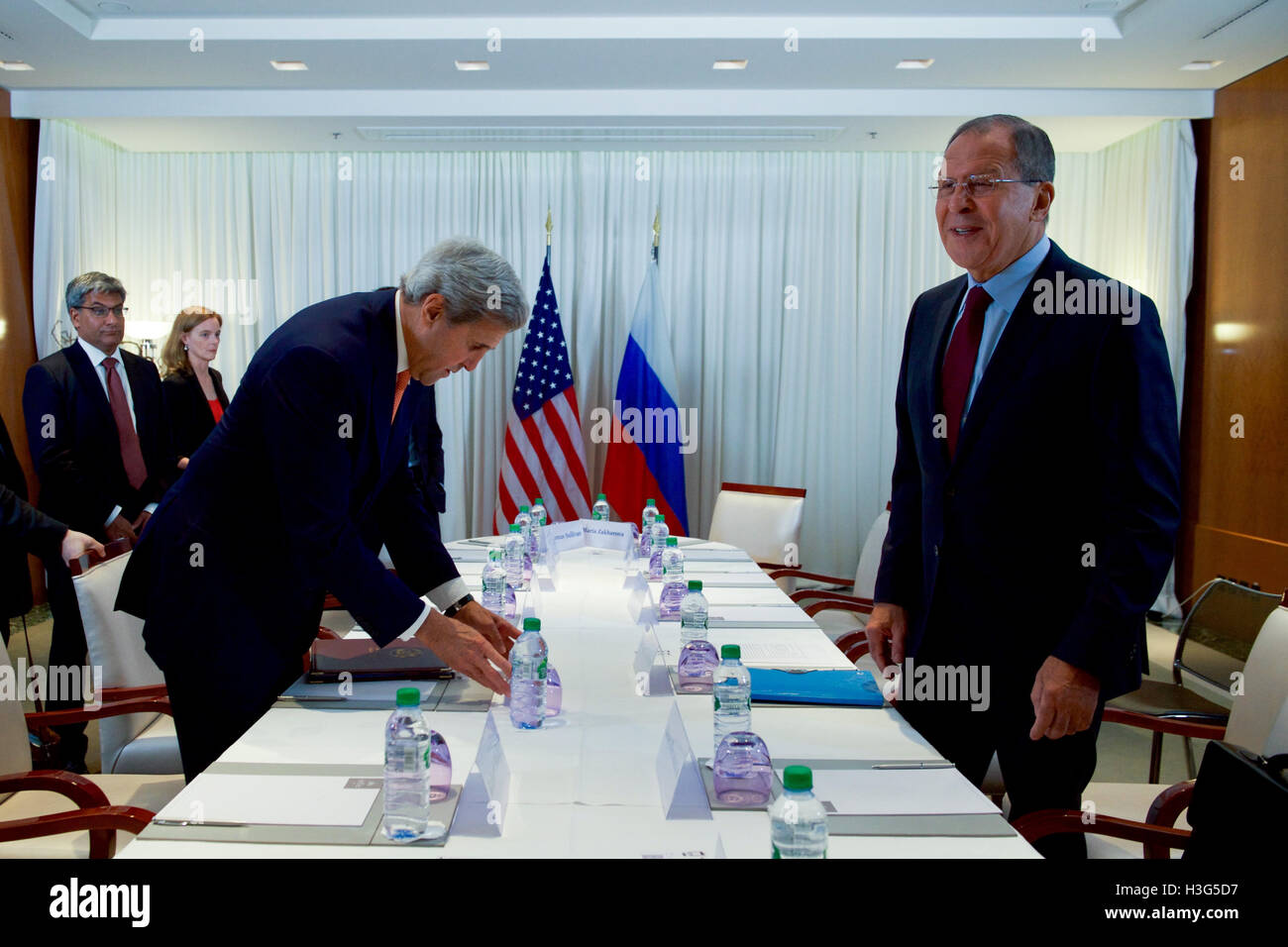 Russian Foreign Minister Sergey Lavrov answers a reporter's question before he and U.S. Secretary of State John Kerry take their respective seats for a bilateral meeting on August 26, 2016, at the President Wilson Hotel in Geneva, Switzerland. [State Department photo/ ] Stock Photo