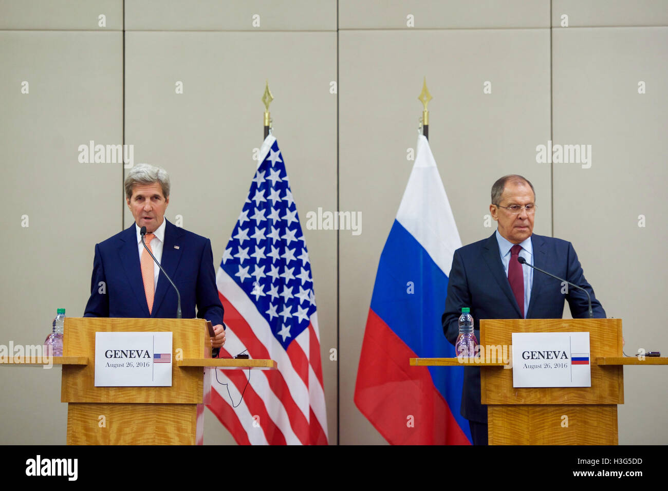 U.S. Secretary of State John Kerry speaks as he and Russian Foreign Minister Sergey Lavrov address reporters during a joint news conference following a bilateral meeting focused on Syria held August 26, 2016, at the President Wilson Hotel in Geneva, Switzerland. Stock Photo