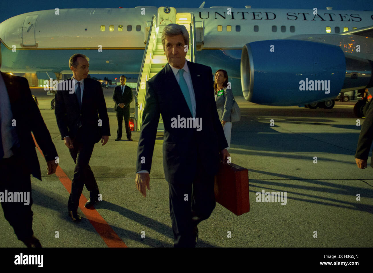 U.S. Secretary of State John Kerry walks away from his aircraft on September 9, 2016, after he arrived at the Geneva Airport in Geneva, Switzerland, following an overnight flight from Washington for meetings with Russian Foreign Minister Sergey Lavrov focused on Syria. Stock Photo