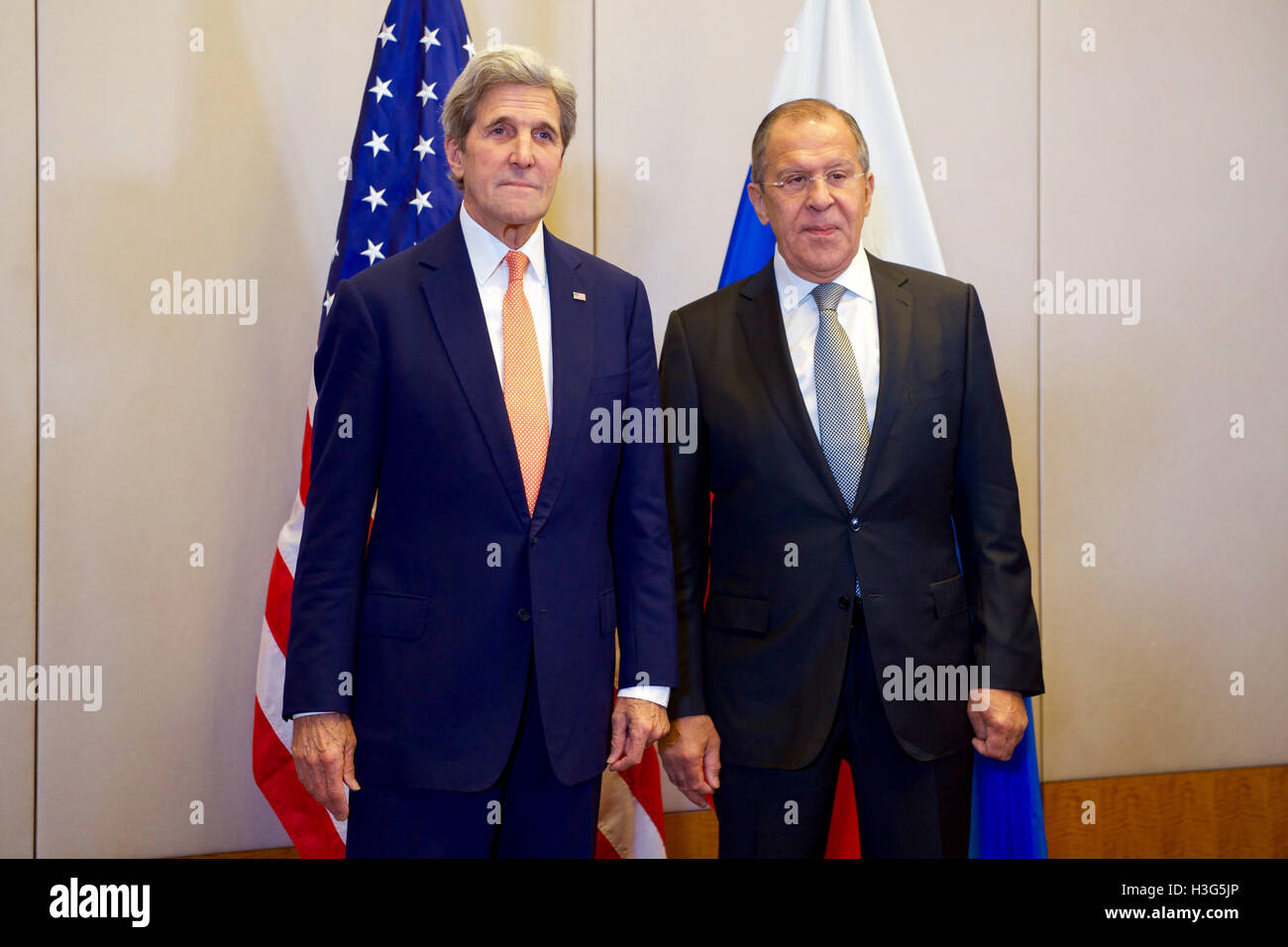 U.S. Secretary of State John Kerry stands with Russian Foreign Minister Sergey Lavrov on September 9, 2016, at the Hotel President Wilson in Geneva, Switzerland, before they begin a bilateral meeting focused on Syria. Stock Photo