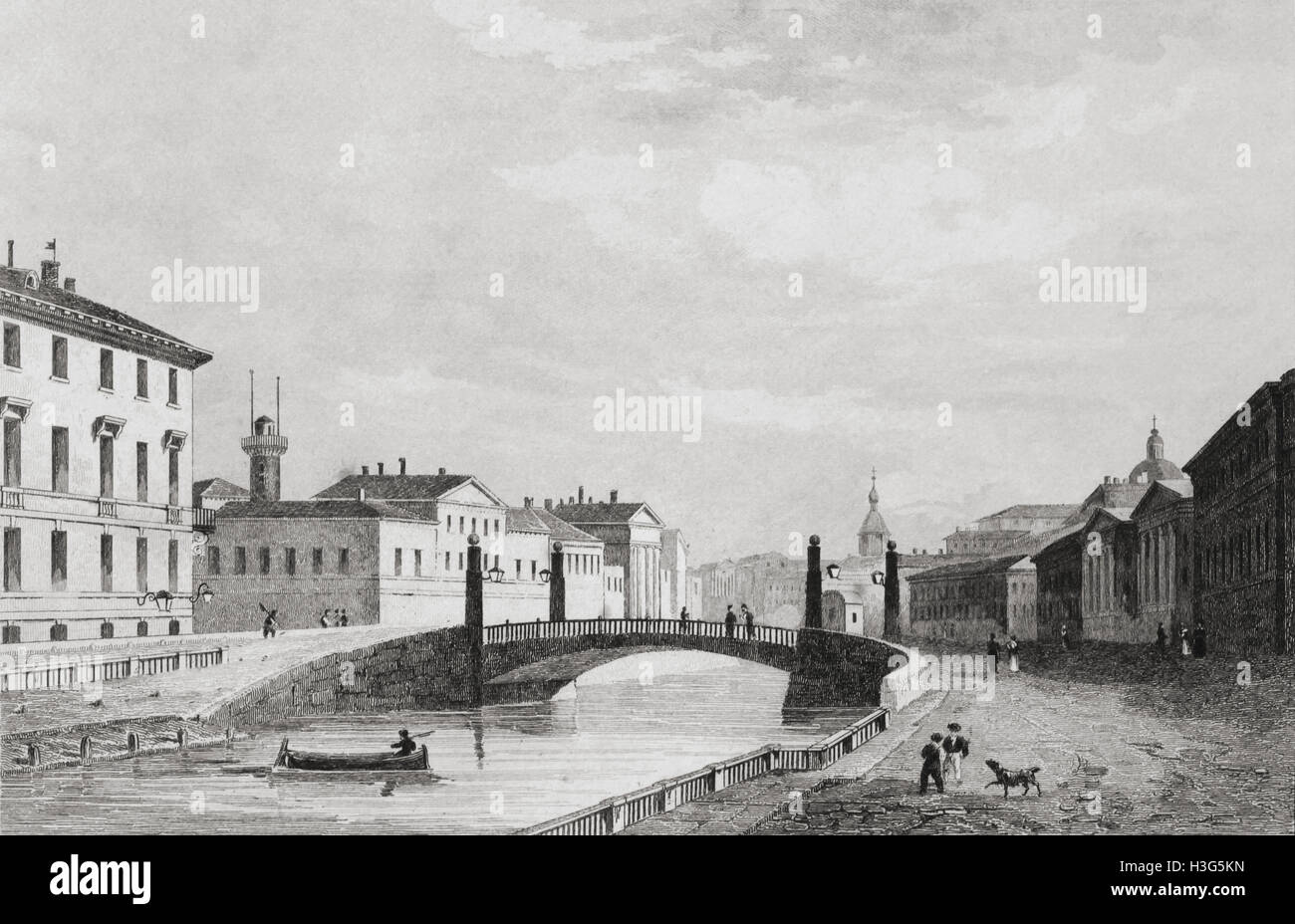 Saint Petersburg, Russia, view of the red bridge,19th century steel engraving. By Lemaitre Direxit, Cholet Stock Photo