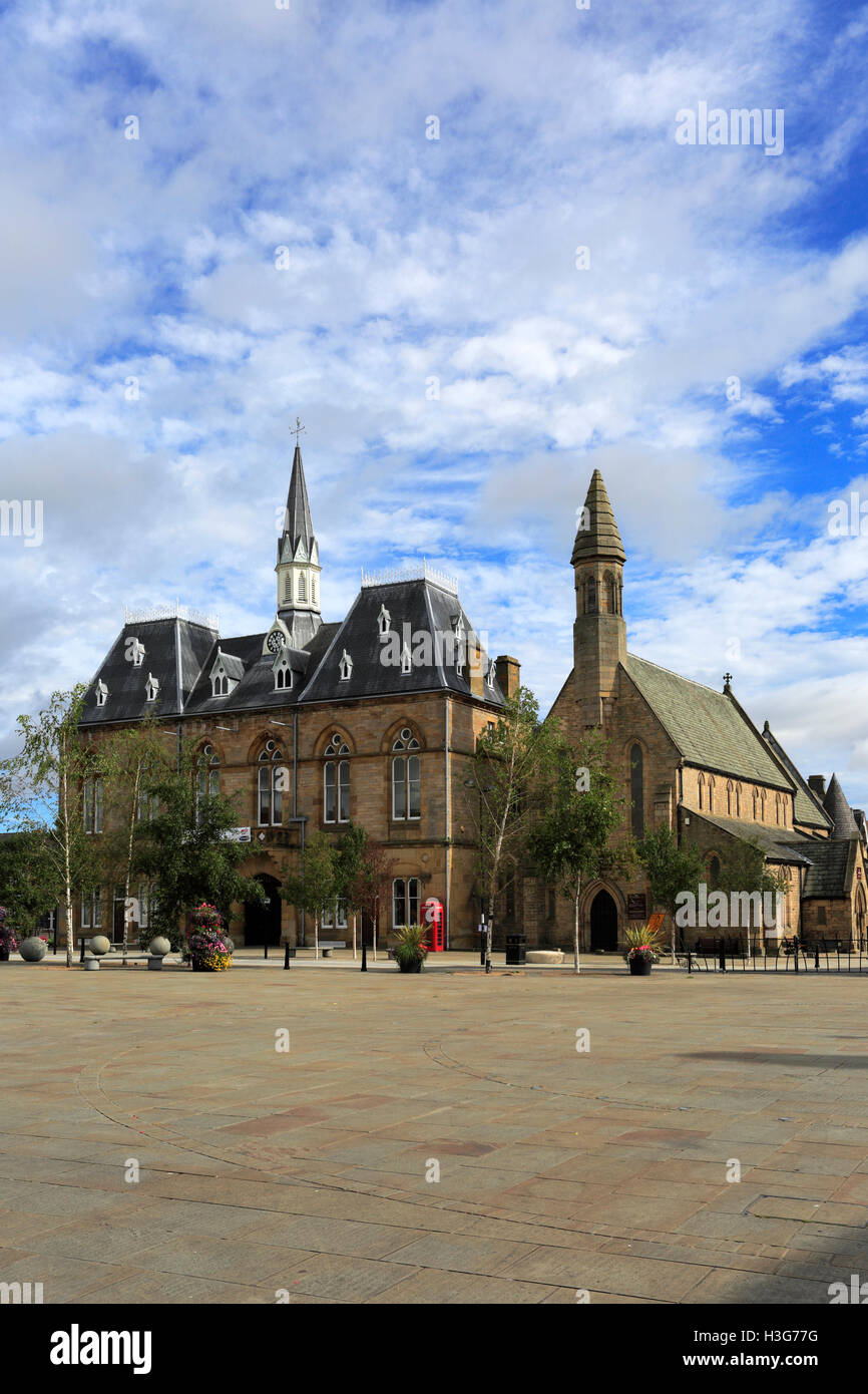 The Town Hall and St Anne's church, Market place, Bishop Auckland town, County Durham, England. Stock Photo