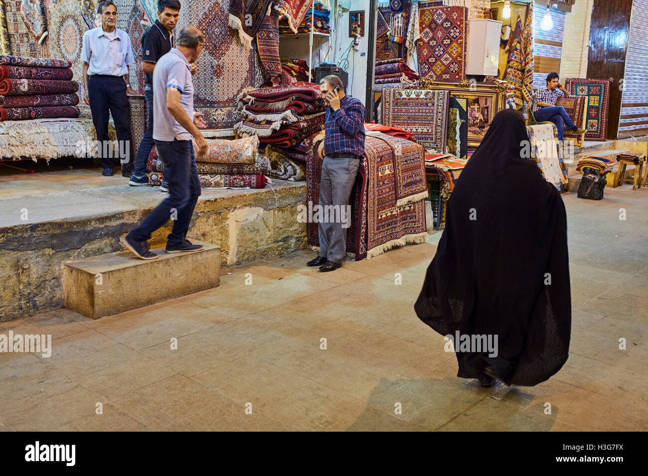 Iran, Fars Province, Shiraz, carpet bazaar Stock Photo