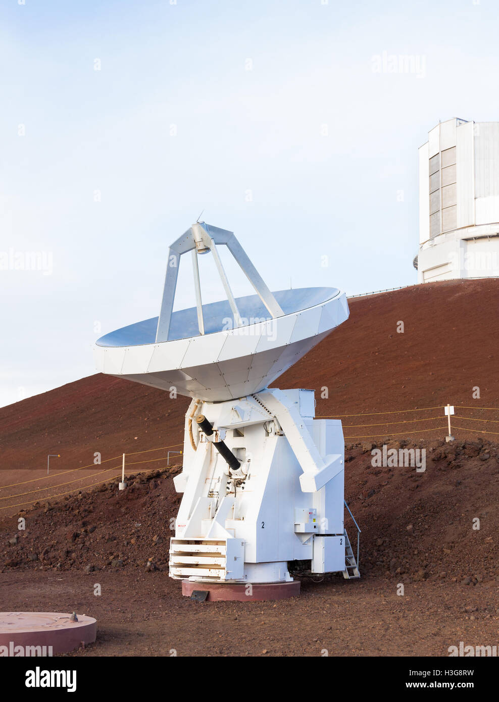 One  of the 8-element radio interferometers, called the  Submillimeter Array, located at the top of Mauna Kea volcano, Hawaii. Stock Photo