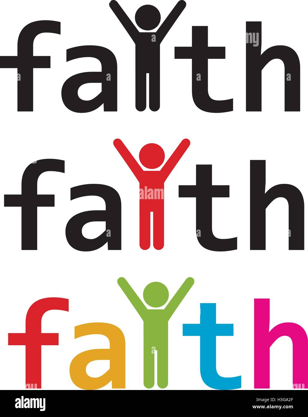 vector faith word and man with raised hands in worship prayer Stock Vector