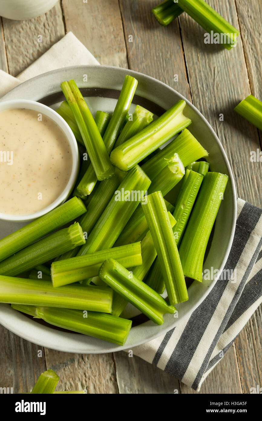 Raw Organic Green Celery Stalks with Ranch Dip Stock Photo