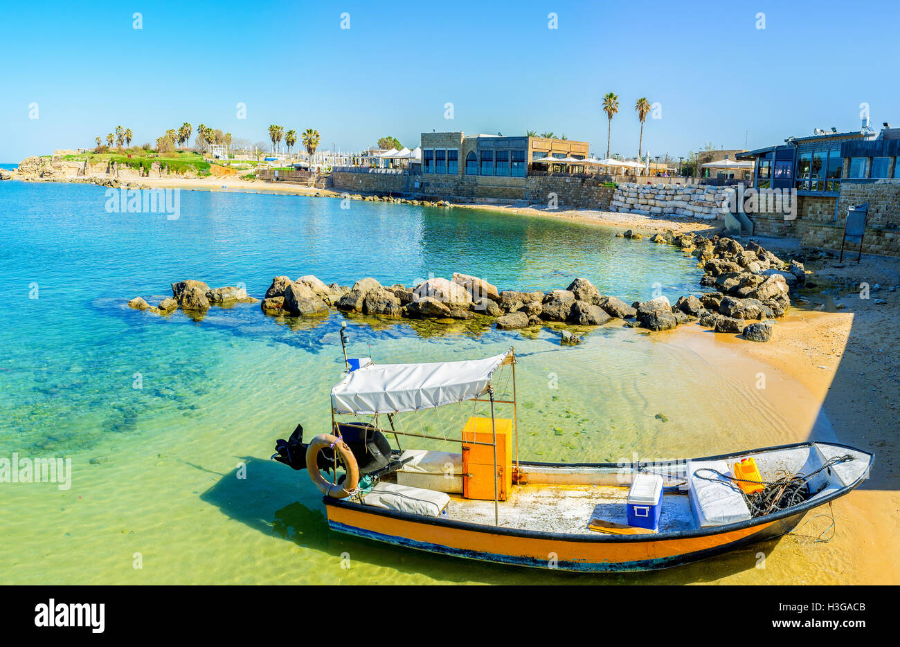 Caesarea is the best place to discover the archaeological museum, dinner in local cafe, enjoy the cozy beach or go for a fishing Stock Photo