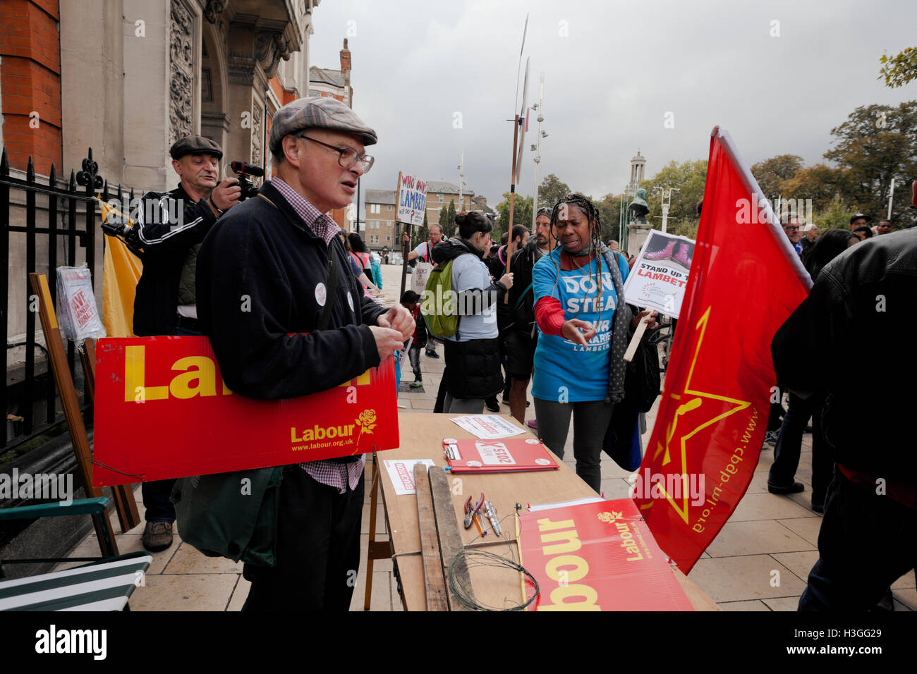 Lambeth, UK. 08th Oct, 2016. Several local campaigning groups have gathered in Windrush Square to demonstrate against Lambeth Council.  There were some tensions with the Labour Party representative. Credit:  Honey Salvadori/Alamy Live News Stock Photo