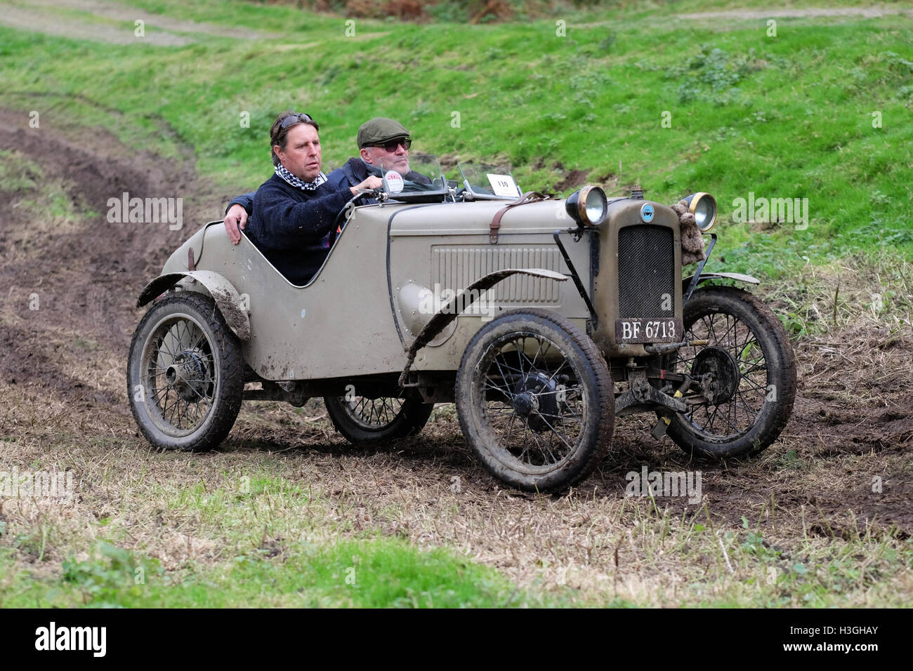 Badlands Farm, Kinnerton, Powys, Wales, UK - Saturday 8th October 2016 - Competitors in a 1930 Austin 7 Ulster Sports Replica take part in the Vintage Sports-Car Club ( VSCC ) hill climb at Badlands a long muddy track and hillside climb in Powys. Competitors earn points not for speed or time but how far up the hill they manage to drive their vintage sports car. Stock Photo