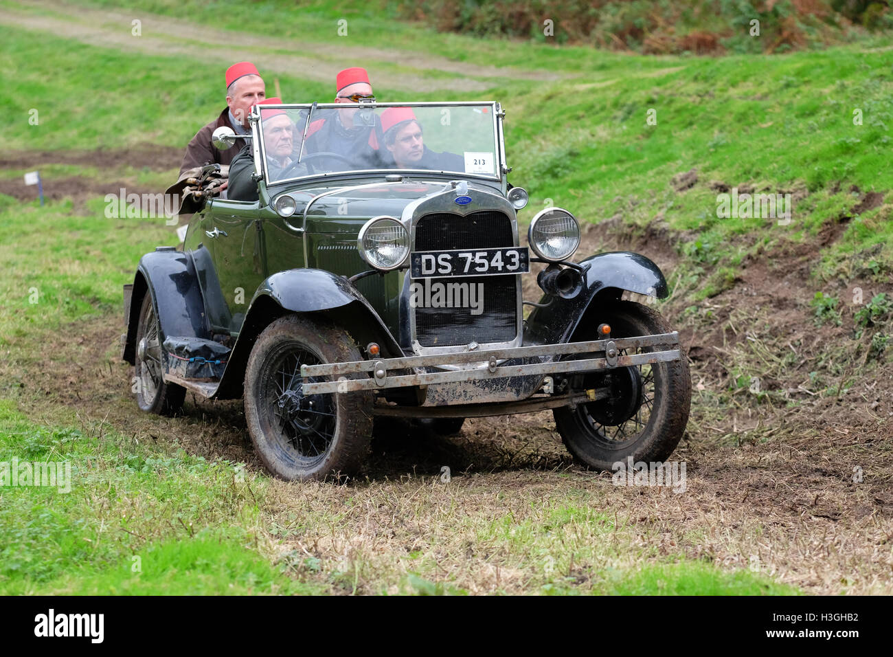 Badlands Farm, Kinnerton, Powys, Wales, UK - Saturday 8th October 2016 - Competitors in a 1930 Ford Model A take part in the Vintage Sports-Car Club ( VSCC ) hill climb at Badlands a long muddy track and hillside climb in Powys. Competitors earn points not for speed or time but how far up the hill they manage to drive their vintage sports car. Stock Photo