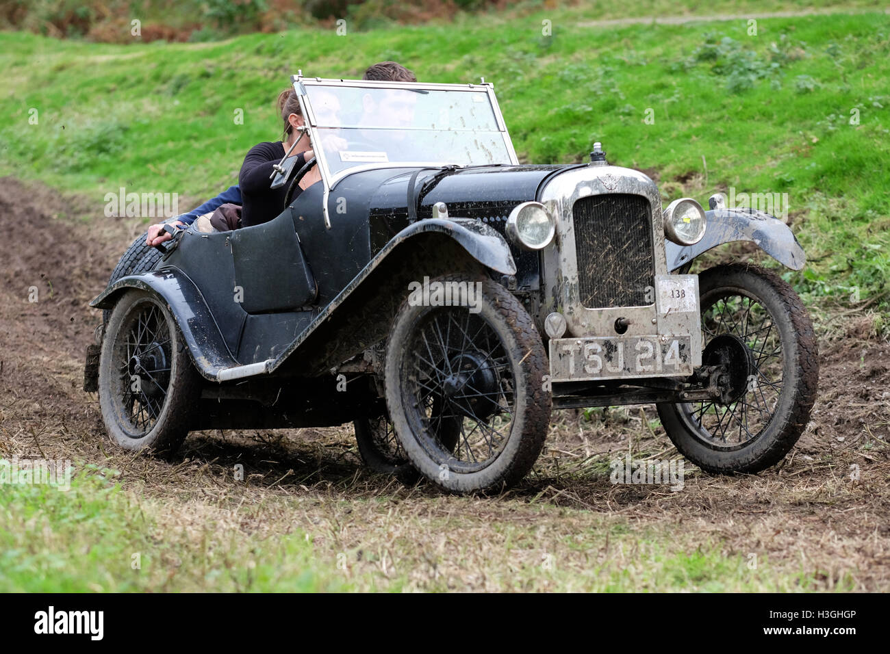 Badlands Farm, Kinnerton, Powys, Wales, UK - Saturday 8th October 2016 - Competitors in a 1930 Austin 7 Gordon England Cup take part in the Vintage Sports-Car Club ( VSCC ) hill climb at Badlands a long muddy track and hillside climb in Powys. Competitors earn points not for speed or time but how far up the hill they manage to drive their vintage sports car. Stock Photo