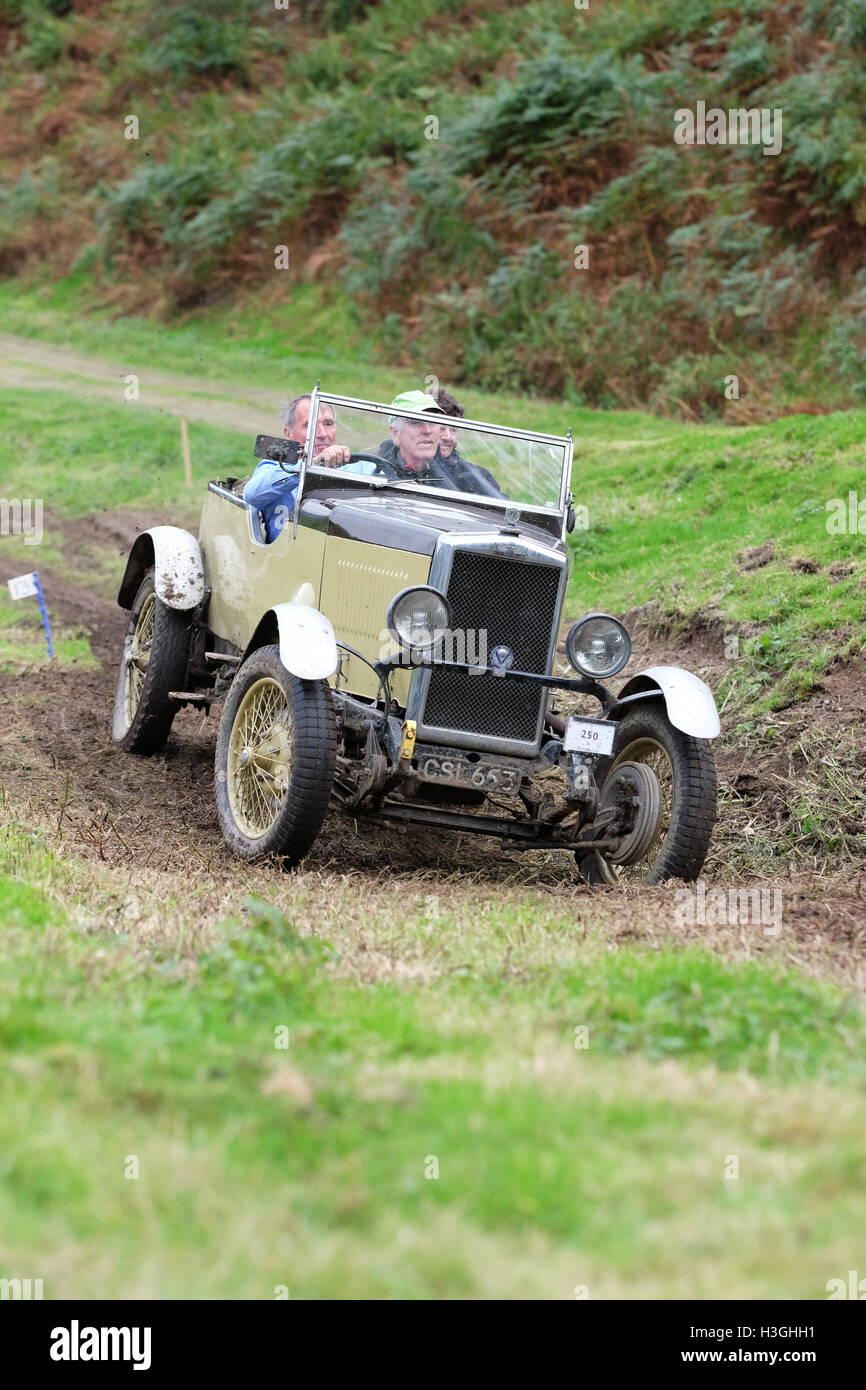 Badlands Farm, Kinnerton, Powys, Wales, UK - Saturday 8th October 2016 - Competitors in a 1930 Morris Major take part in the Vintage Sports-Car Club ( VSCC ) hill climb at Badlands a long muddy track and hillside climb in Powys. Competitors earn points not for speed or time but how far up the hill they manage to drive their vintage sports car. Stock Photo