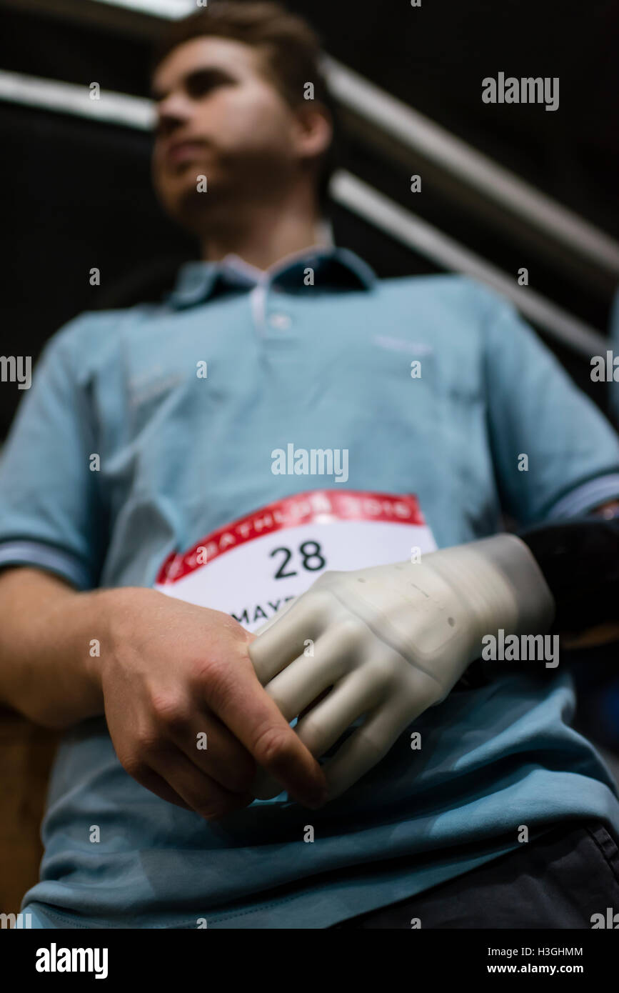 Kloten, Switzerland. 8th Oct, 2016. Patrick Mayrhofer before the start of the powered arm prosthetics race at Cybathlon, the first championship for racing pilots with disabilities using bionic devices at the Swiss Arena in Kloten (Zurich), Switzerland. Organized by the Swiss Federal Institute of Technology (ETH) in Zurich, Cybathlon brings together interdisciplinary teams of bio-engineers, scientists and athletes with physical disabilities to compete in solving everyday tasks and to demonstrate how technology enables them to overcome physical limitations of their body. © Erik Tham/Alamy News Stock Photo