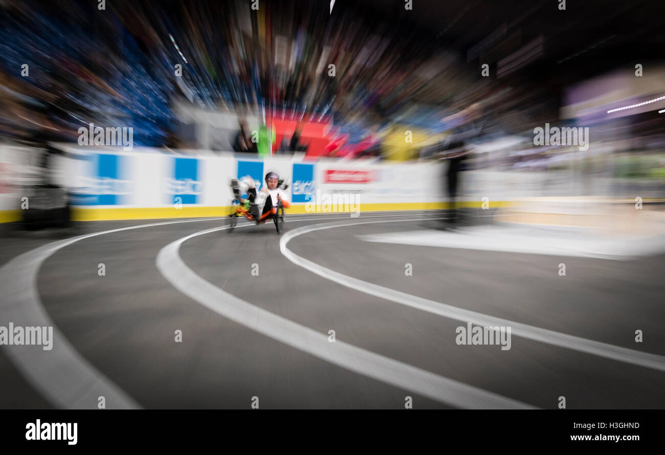 Kloten, Switzerland - 8 October 2016: An athlete at the Functional Electrical Stimulation (FES) bike race at Cybathlon, the first championship for racing pilots with disabilities using bionic devices at the Swiss Arena in Kloten (Zurich), Switzerland. FES is a technology that allows a paraplegic to move his paralysed muscles electrically. Credit:  Erik Tham/Alamy Live News Stock Photo