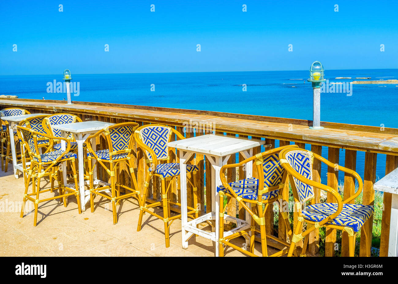 The scenic seaside restaurant is the best place to relax in Caesarea, Israel. Stock Photo