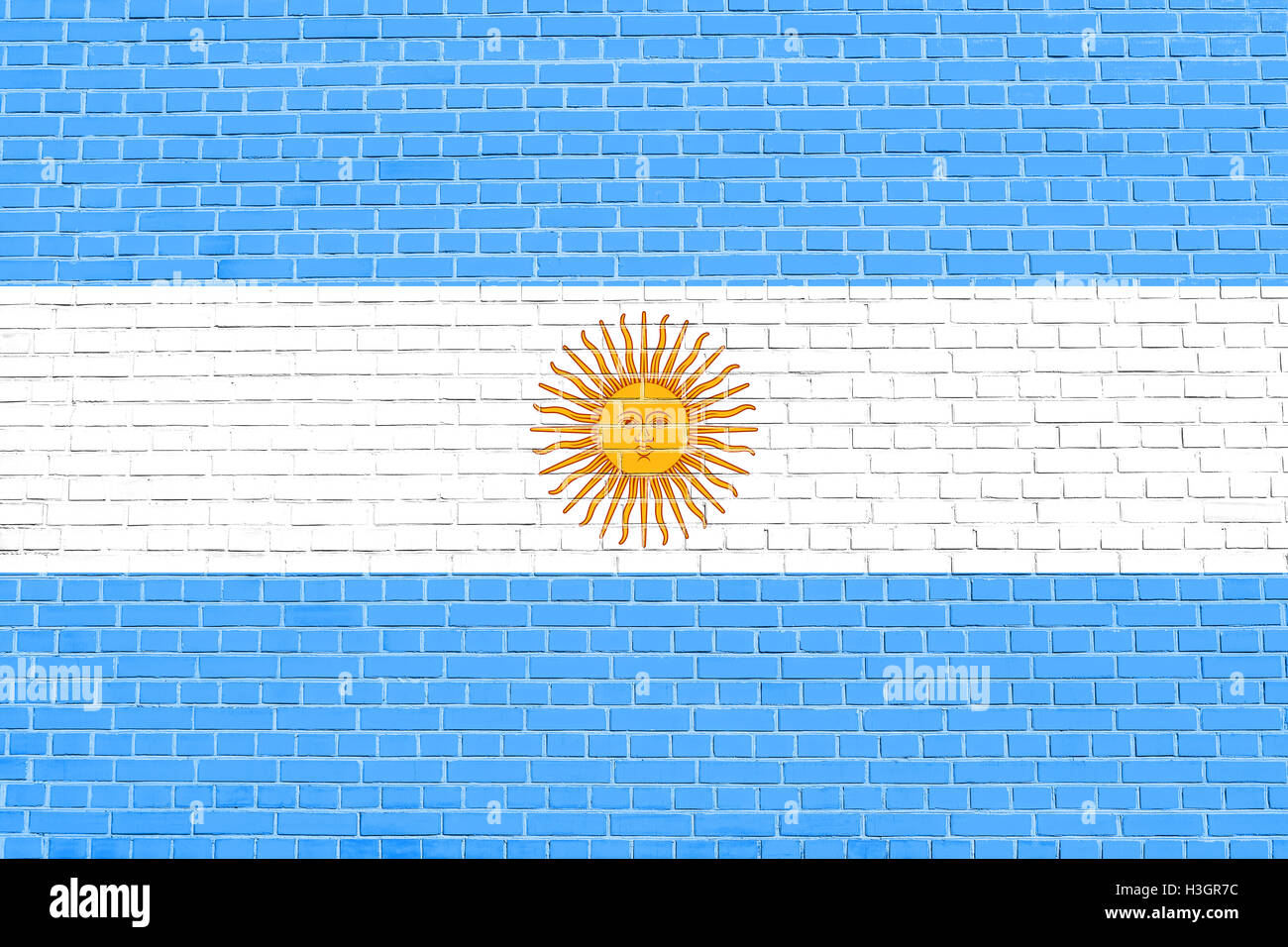 Argentinian national official flag. Argentine Republic patriotic symbol, banner, element, background. Flag of Argentina on brick Stock Photo