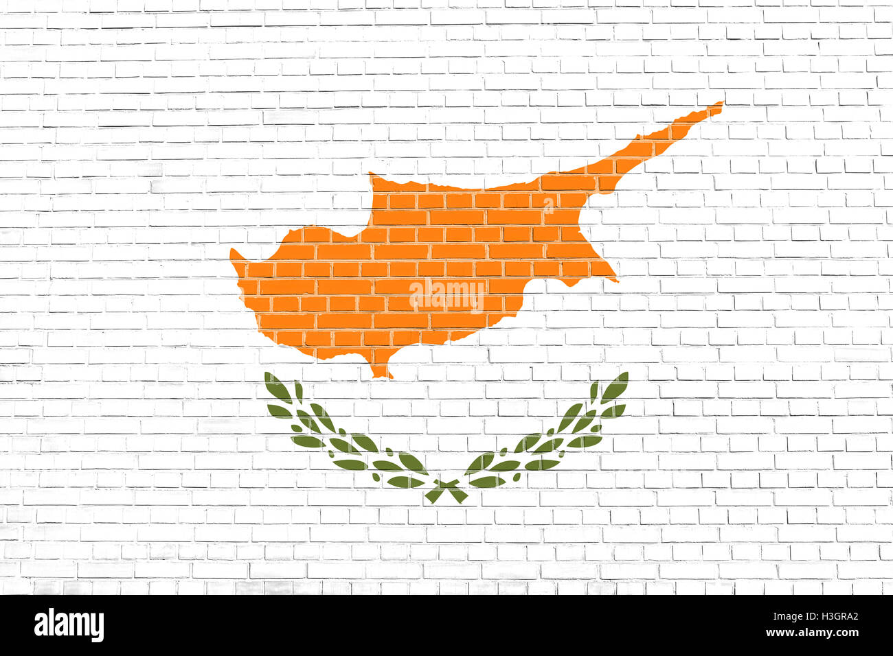 Cypriot national official flag. Patriotic symbol, banner, element, background. Flag of Cyprus on brick wall texture background Stock Photo