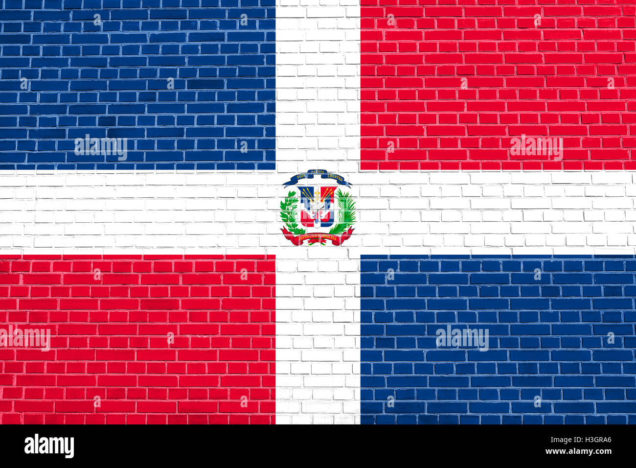 Dominican Republic national official flag. Patriotic symbol, banner, element, background. Flag of Dominican Republic on brick Stock Photo