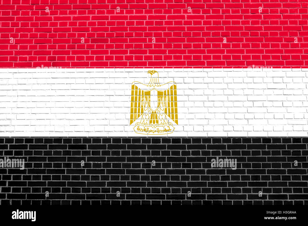 Egyptian national official flag. Arab Republic of Egypt patriotic symbol, banner, element, background. Flag of Egypt on brick Stock Photo