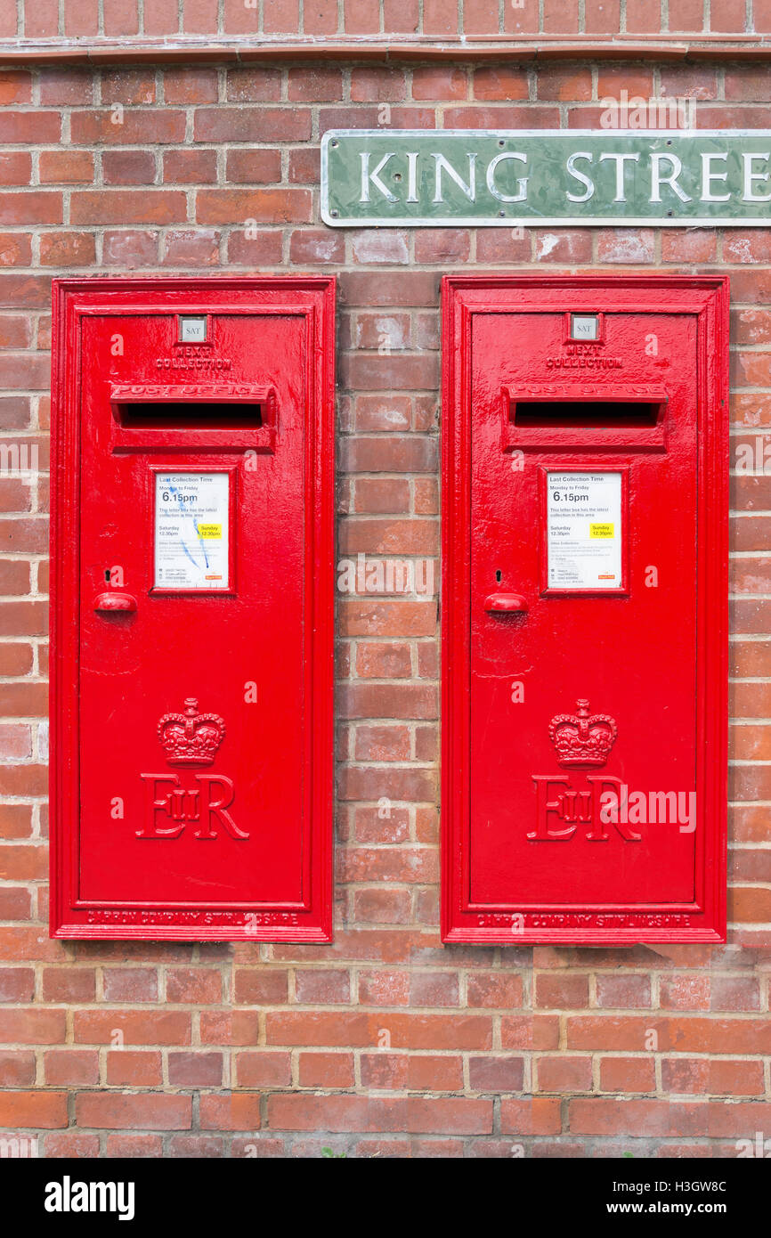 Royal Mail wall mail collection boxes, King Street, Thetford, Norfolk, England, United Kingdom