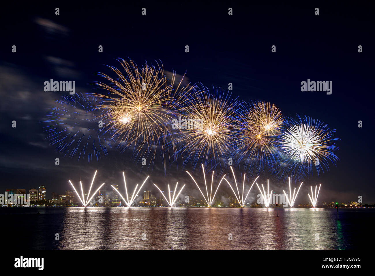 Australia Day Fireworks, Perth, Western Australia. The fireworks held in Perth are the largest Australia Day display. Stock Photo