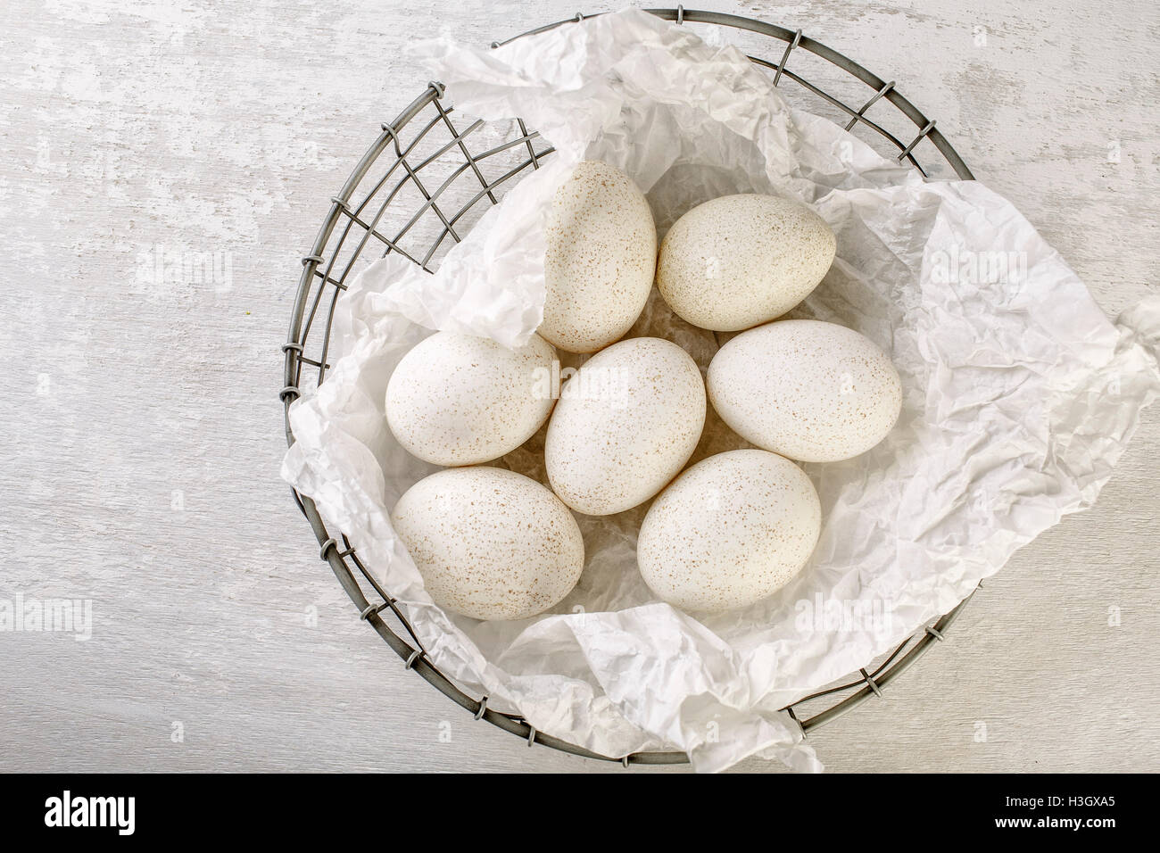 Heap of many fresh Duck Eggs in Metal Basket Stock Photo Alamy