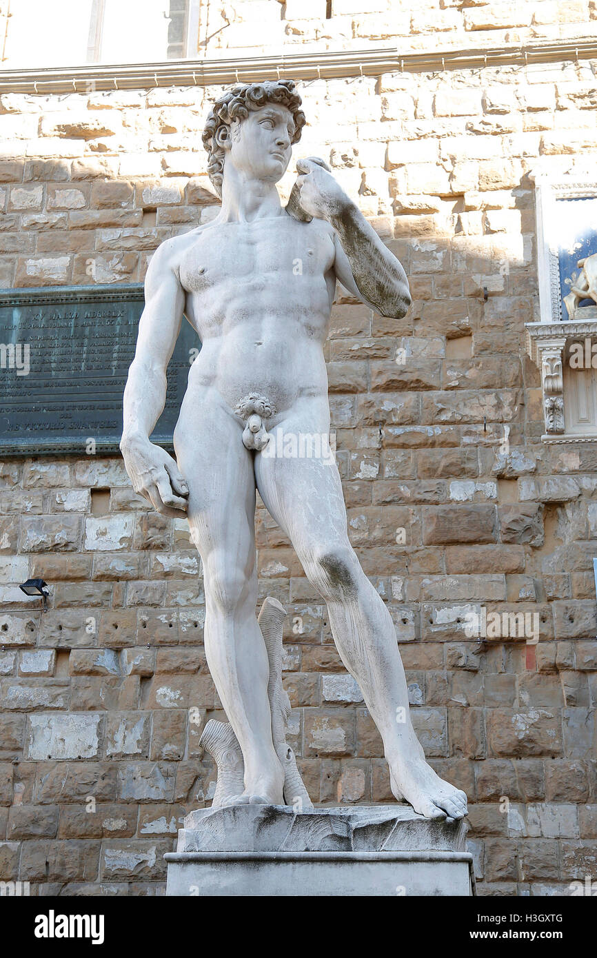 Palazzo Vecchio - a copy of David by Michelangelo  Florence 7th October 2016. Places and monuments of the city. Foto Samantha Zu Stock Photo