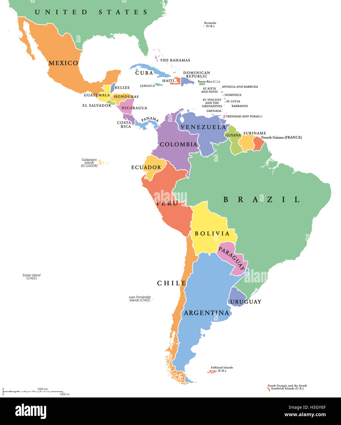 Latin America single states political map. Countries in different colors, with national borders and English country names. Stock Photo
