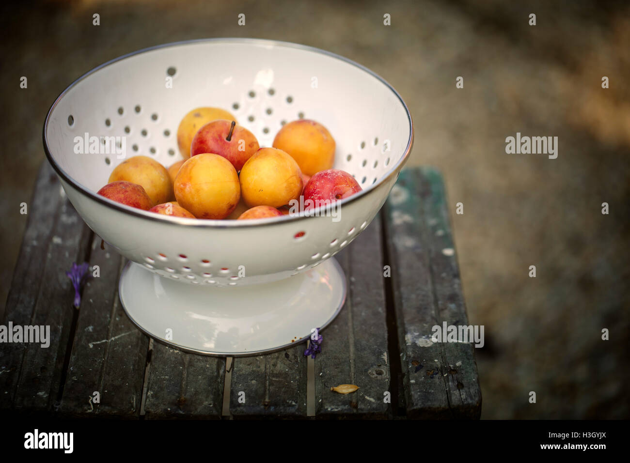 Rustic Still Life in Country Style with Ripe Yellow Plums Stock Photo