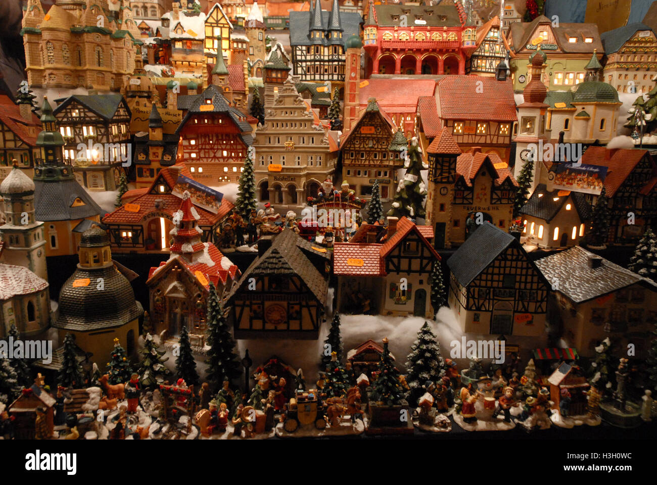 Bavarian Christmas handmade toys and houses on sale at the Children's Christmas market in Nuremberg, Germany Nuremberg's Christmas Market is one of Stock Photo