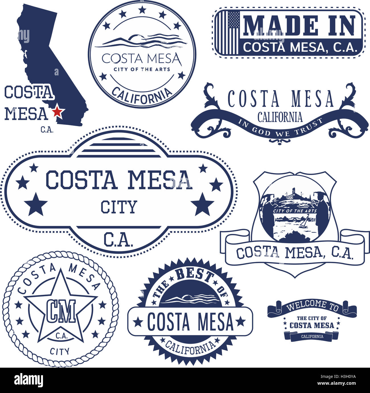 Set of generic stamps and signs of Costa Mesa city, California Stock