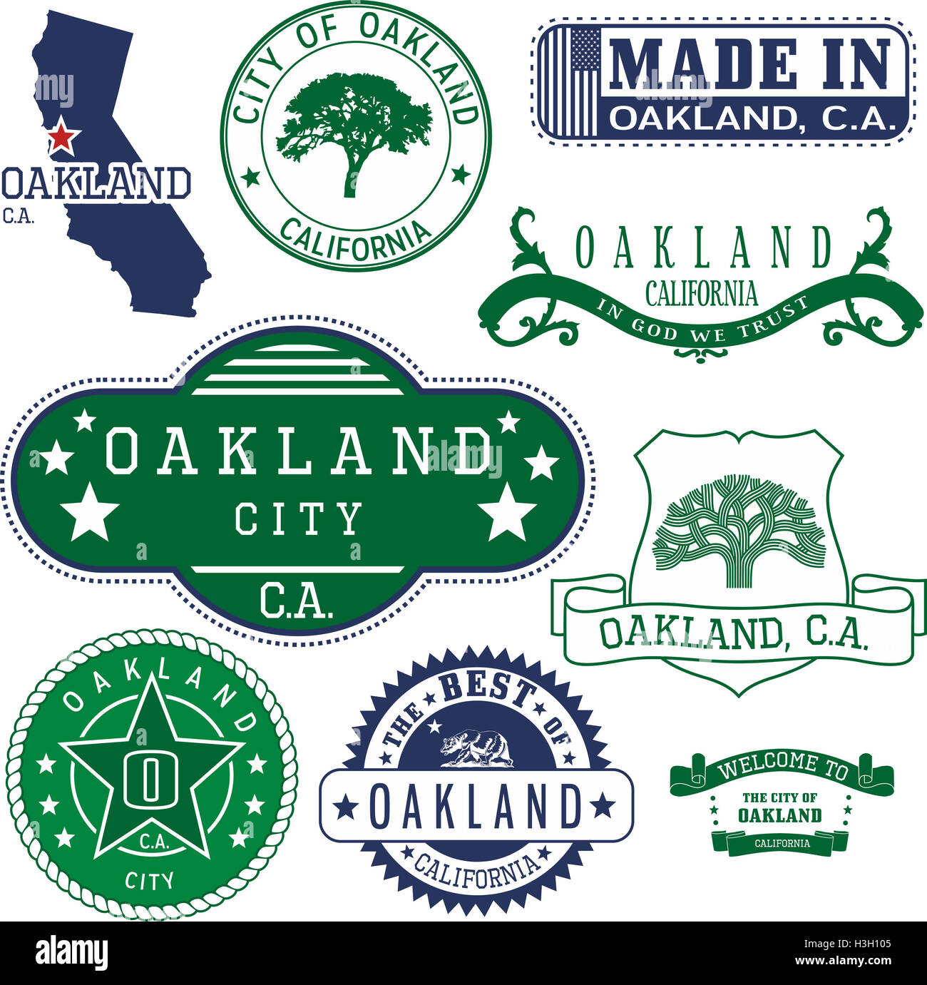 Set of generic stamps and signs of Oakland city, California Stock Photo