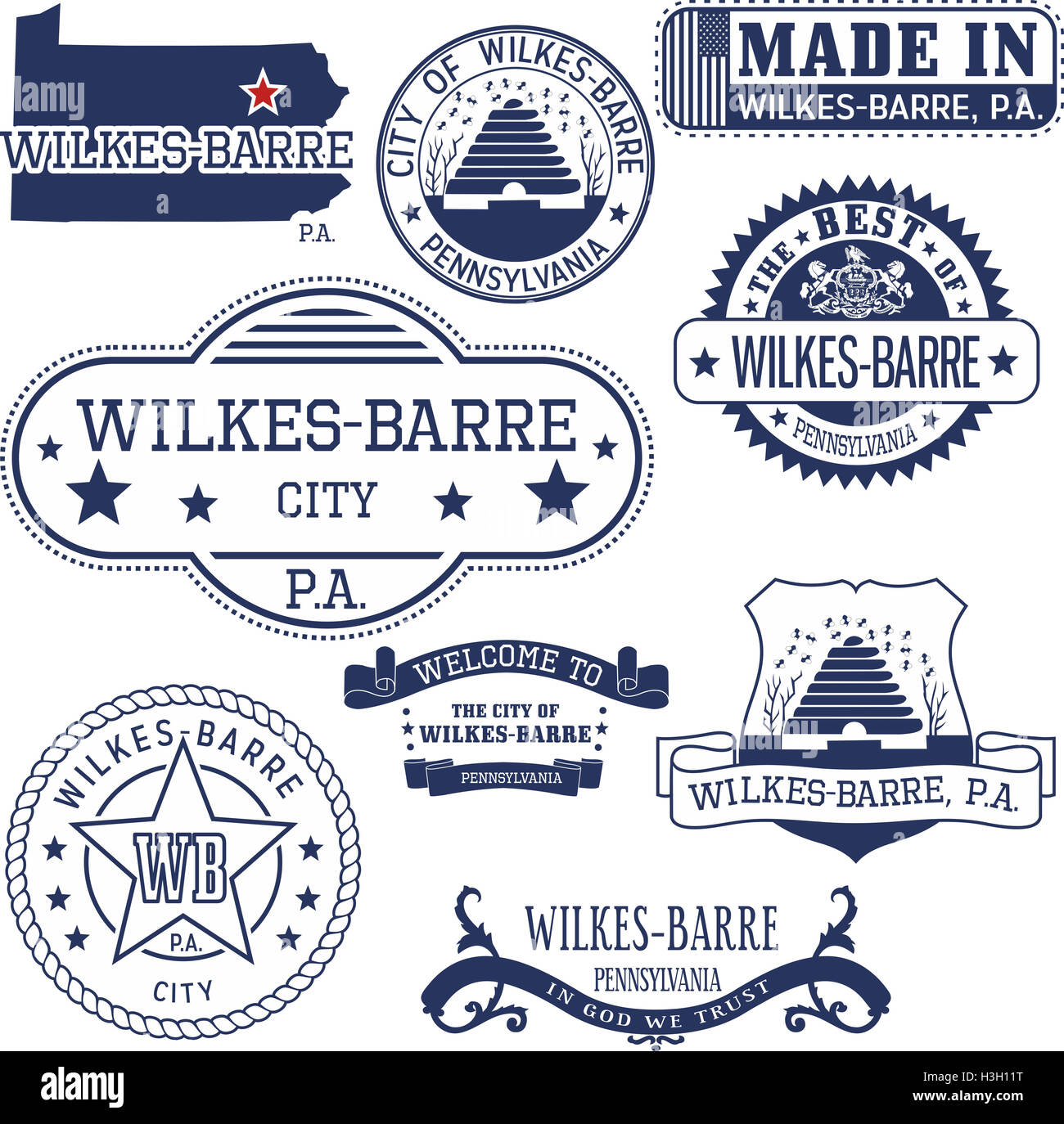 Set of generic stamps and signs of WilkesBarre city, Pennsylvania