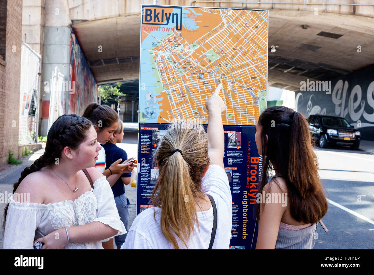 New York City,NY NYC Brooklyn,Downtown,neighborhood,orientation sign,street map,location,girl girls,youngster,female kids children teen teens teenager Stock Photo