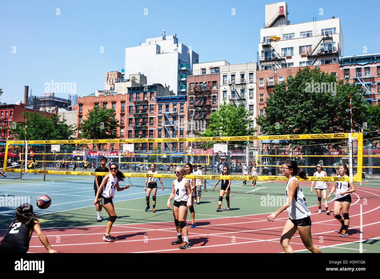 New York City,NY NYC,Lower Manhattan,Chinatown,Seward Park,public park,athletic field,recreational sports,Mini Volleyball Tournament,volleyball,court, Stock Photo
