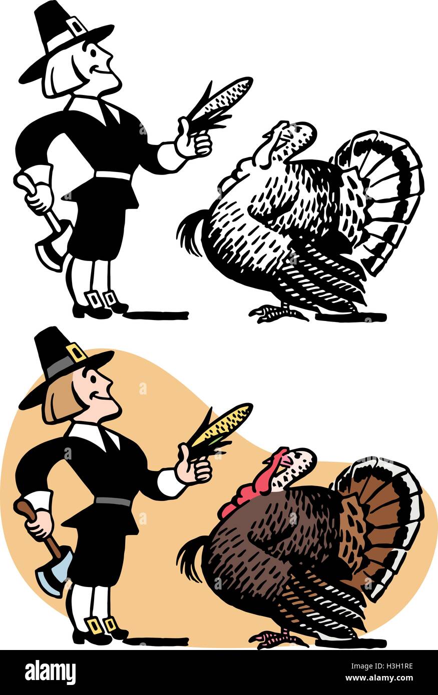 Pilgrim luring a Thanksgiving turkey. Stock Vector